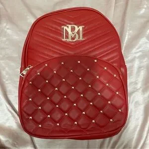 NWT Badgley Mischka Backpack Purse Vegan Leather Studded Bag Red NEW! Badgley Mischka Red Diamond Quilted Gold Studded Vegan  main image 4
